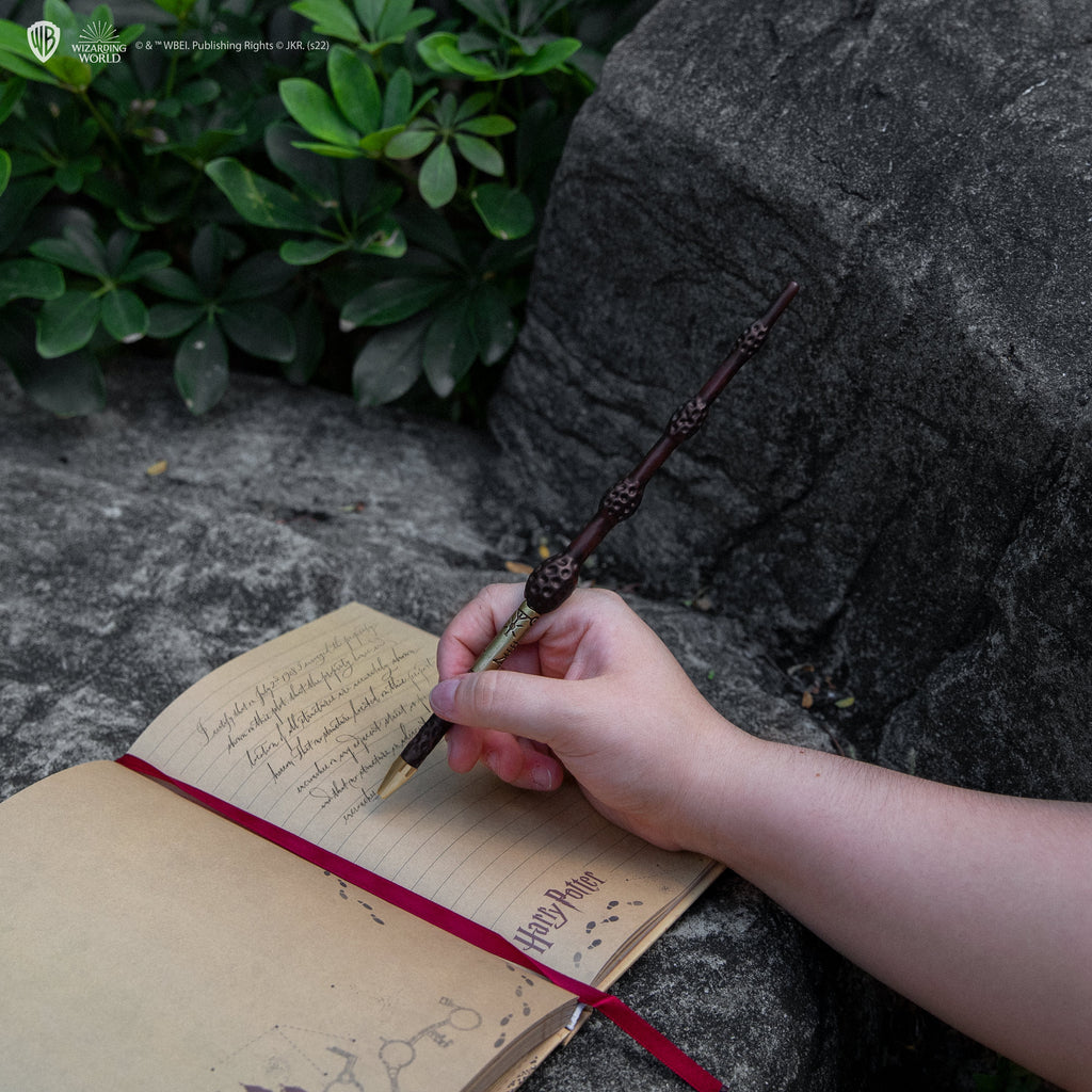 Penna a bacchetta di Albus Dumbledore con supporto e segnalibro lenticolare
