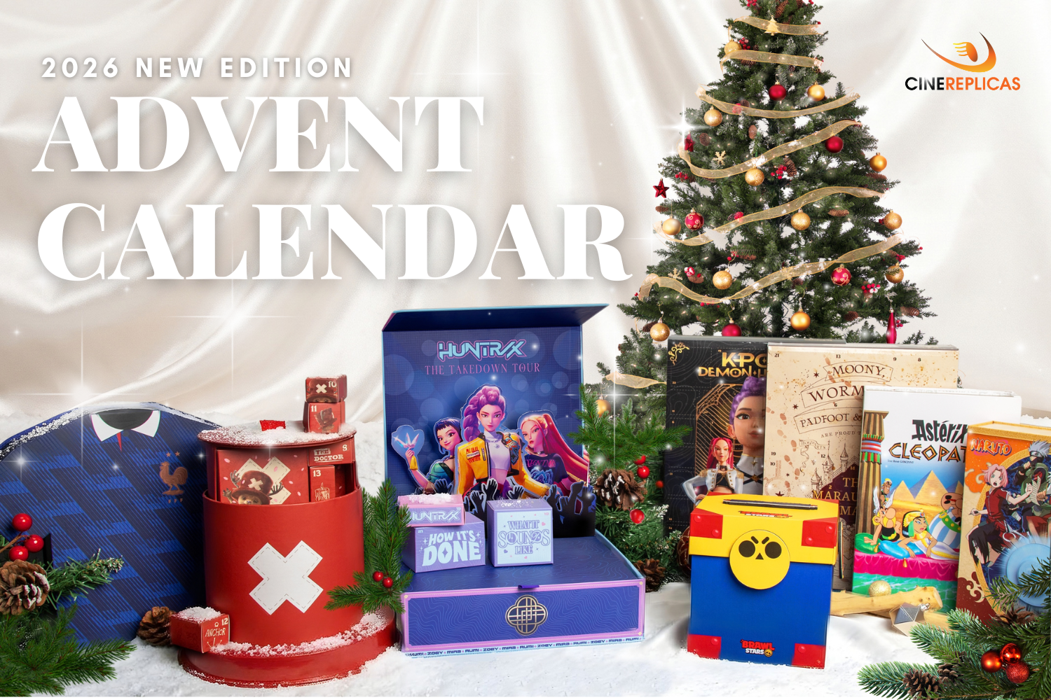 Promotion banner for Cinereplicas' 2026 New Edition Advent Calendars. A winter-themed holiday display on a white fabric backdrop featuring licensed advent calendars, including Harry Potter (Marauder's Map), One Piece (Tony Tony Chopper), KPop demon Hunters, Asterix & Cleopatra, Naruto, and Brawl Stars. The display is decorated with pine branches and pine cones, with '2026 NEW EDITION ADVENT CALENDAR' and the 'Cinereplicas' brand logo visible on top.